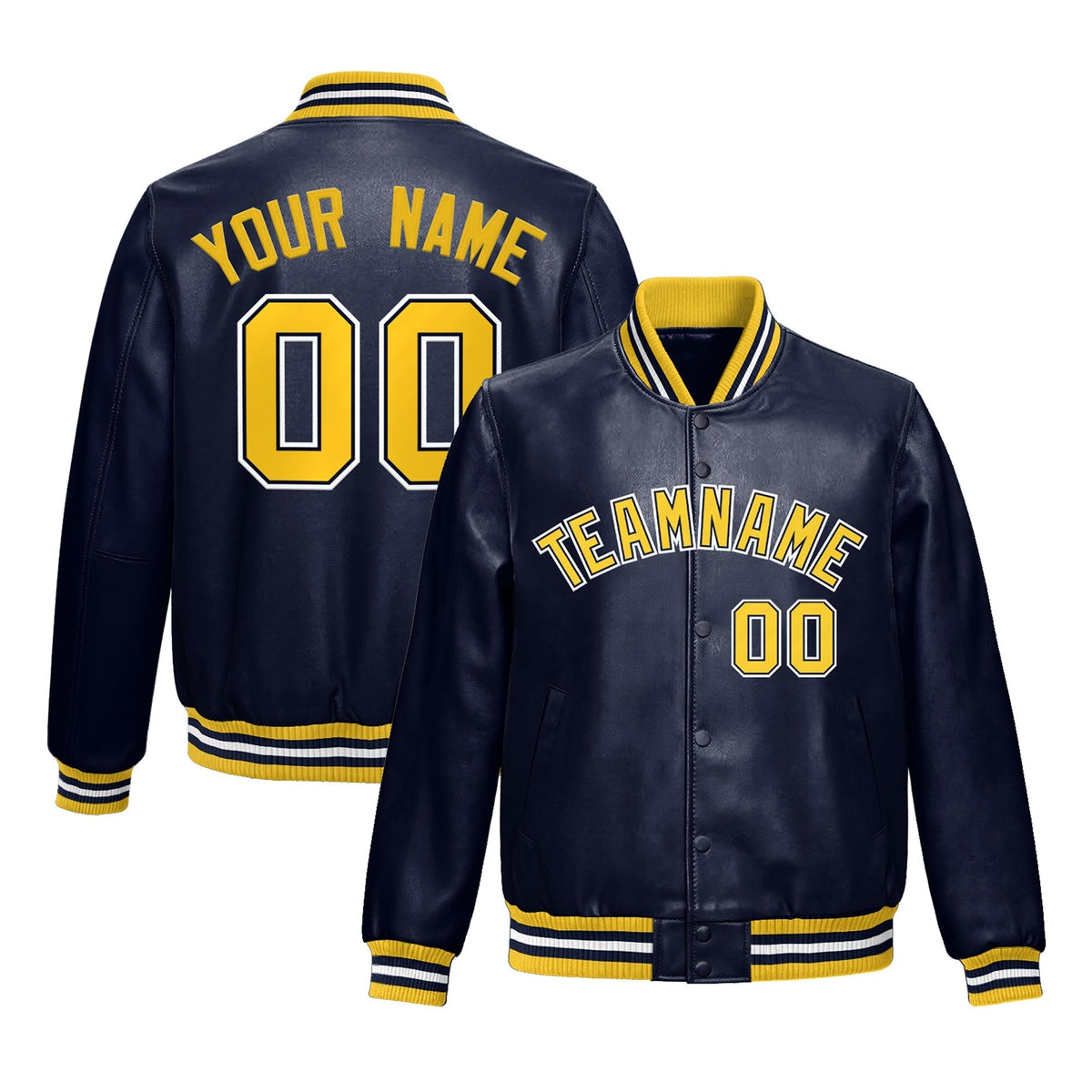 Custom Navy Yellow Full-Snap Varsity Faux Leather Letterman Jacket| KXKSHOP