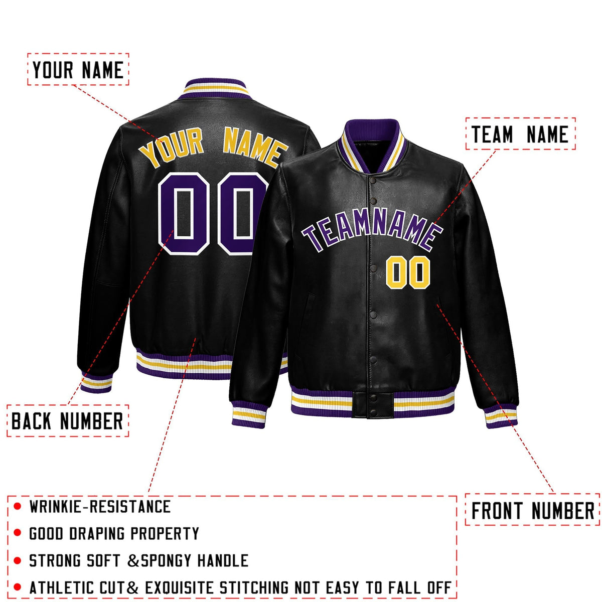 Custom Black Purple Gold Full-Snap Varsity Faux Leather Letterman Jacket| KXKSHOP