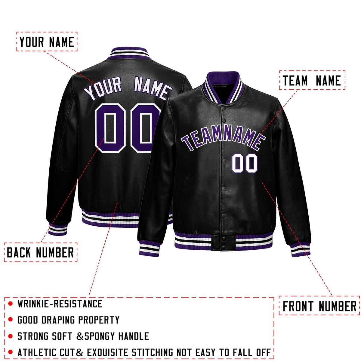 Custom Black Purple White Full-Snap Varsity Faux Leather Letterman Jacket| KXKSHOP