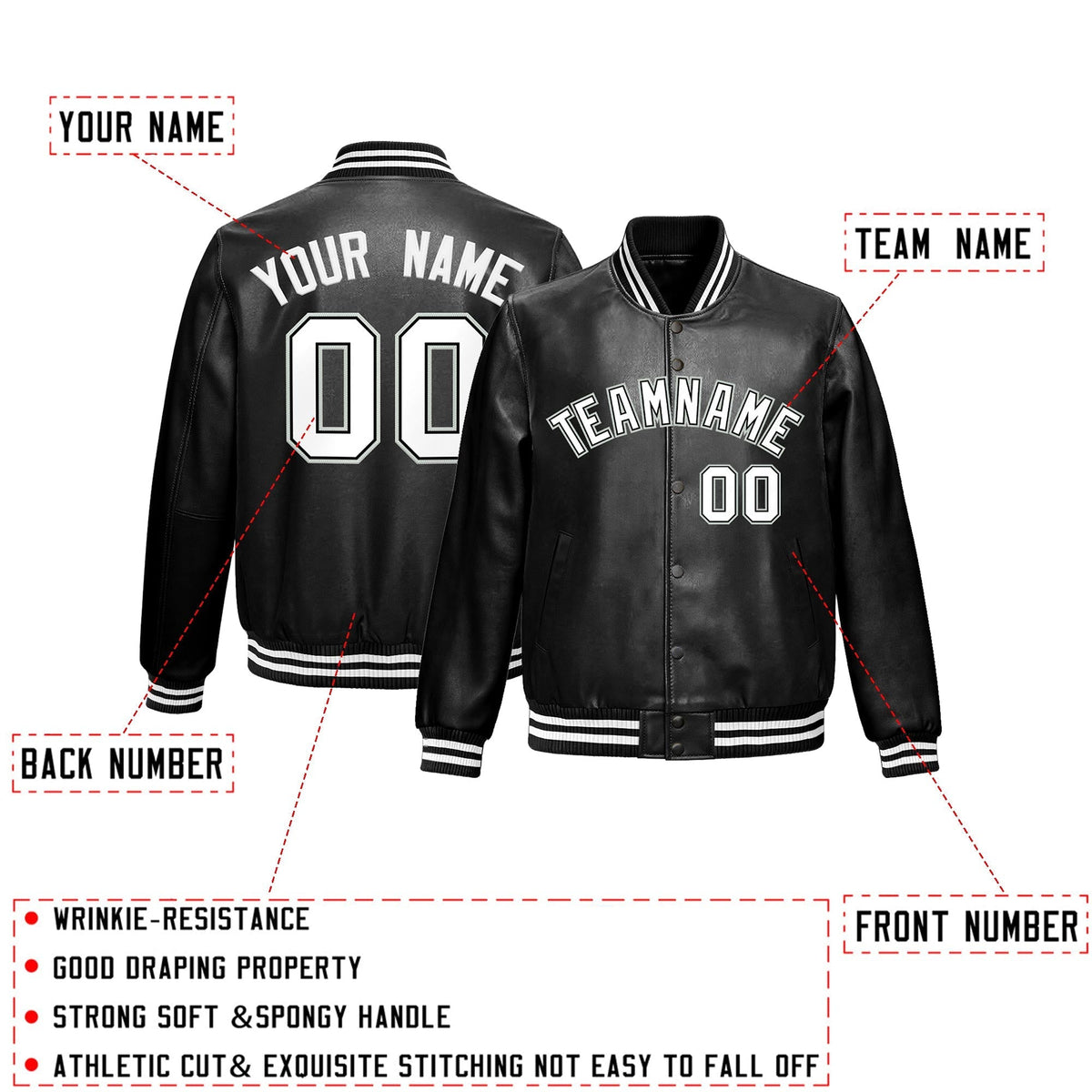 Custom White Black Full-Snap Varsity Faux Leather Letterman Jacket| KXKSHOP