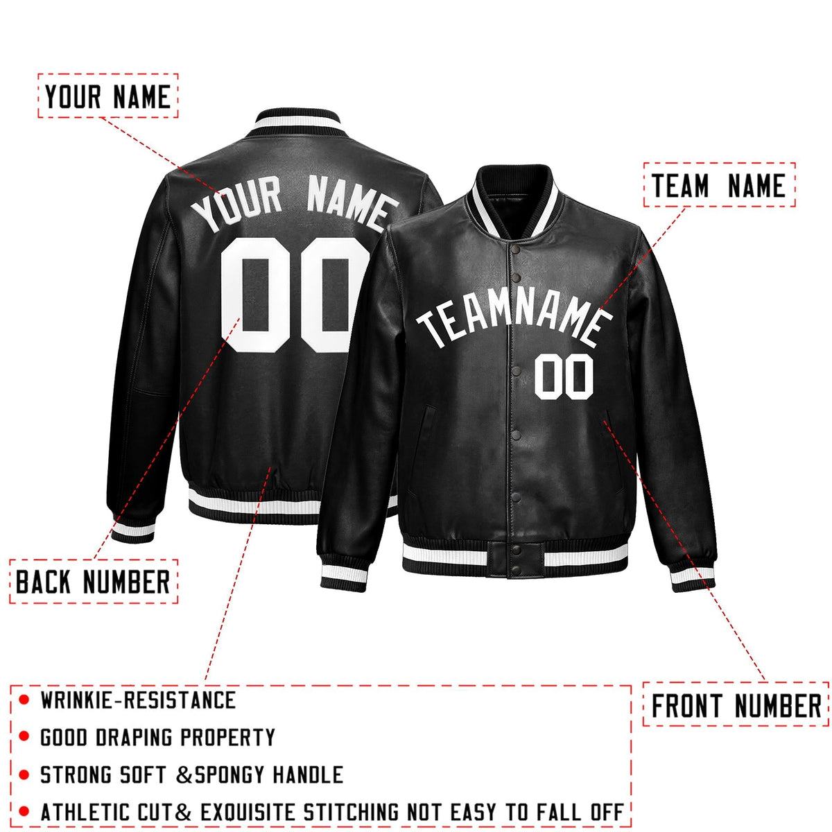 Custom Black White Full-Snap Varsity Faux Leather Letterman Jacket| KXKSHOP
