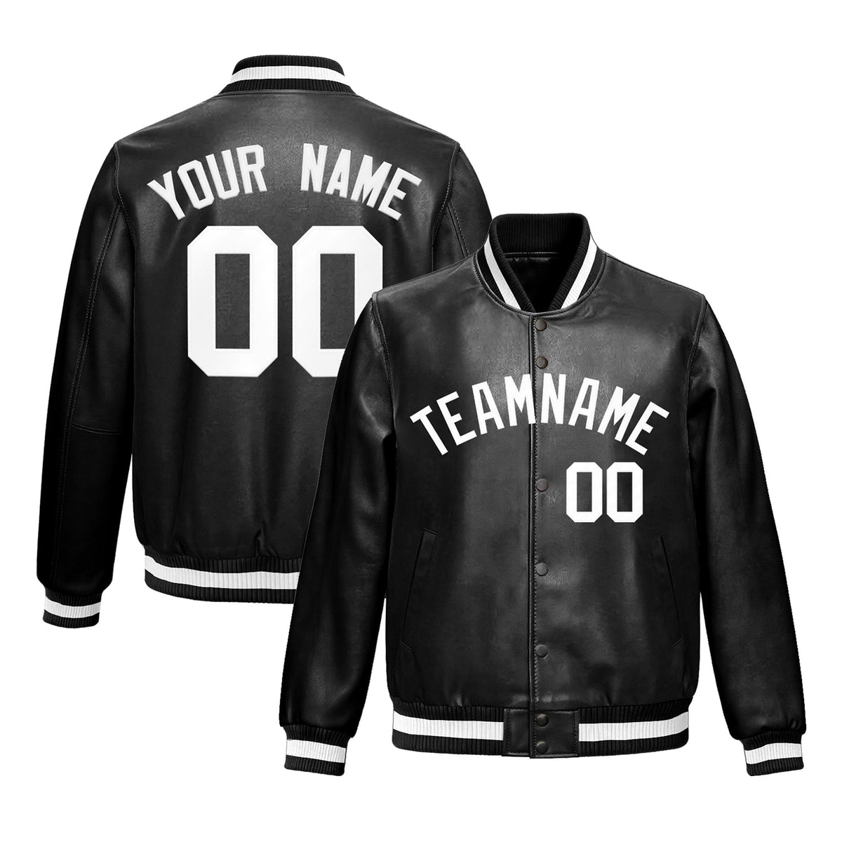 Custom Black White Full-Snap Varsity Faux Leather Letterman Jacket| KXKSHOP