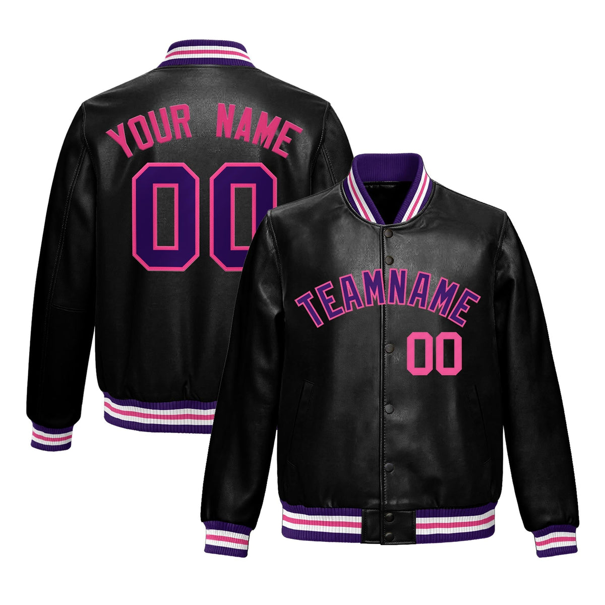 Custom Black Purple Pink Full-Snap Varsity Faux Leather Letterman Jacket| KXKSHOP