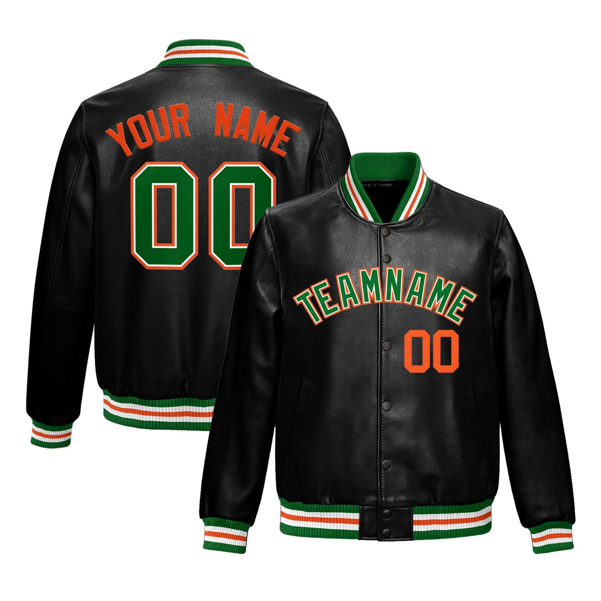 Custom Black Kelly Green Full-Snap Varsity Faux Leather Letterman Jacket| KXKSHOP