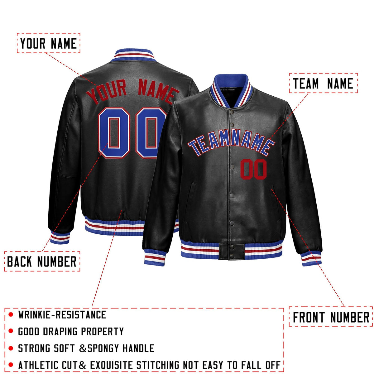 Custom Black Royal Blue Full-Snap Varsity Faux Leather Letterman Jacket| KXKSHOP