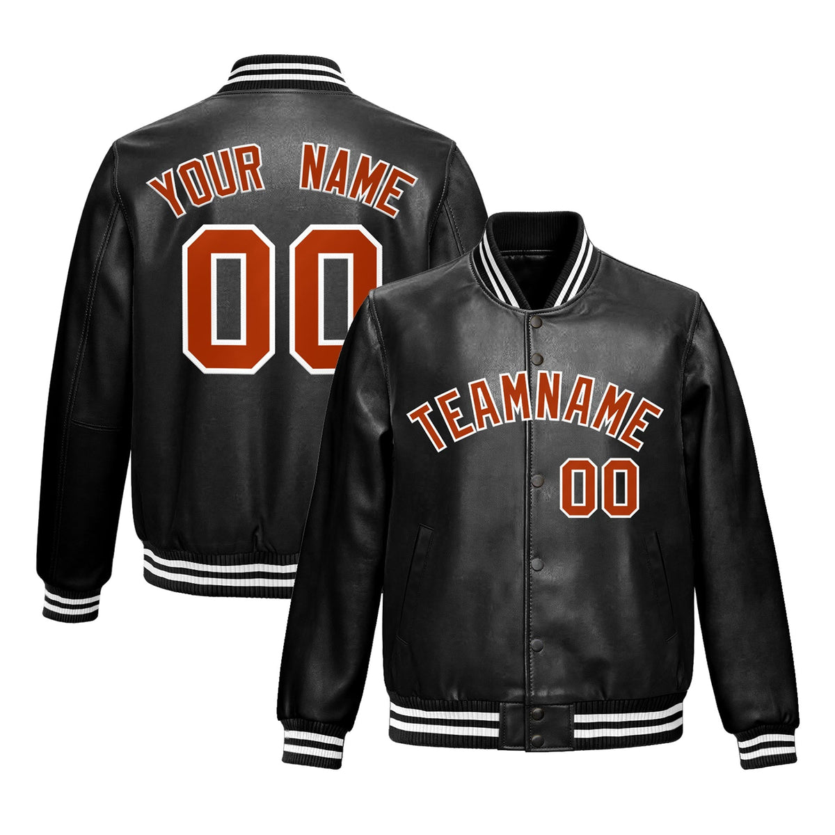 Custom Black Dark Orange White Full-Snap Varsity Faux Leather Letterman Jacket| KXKSHOP