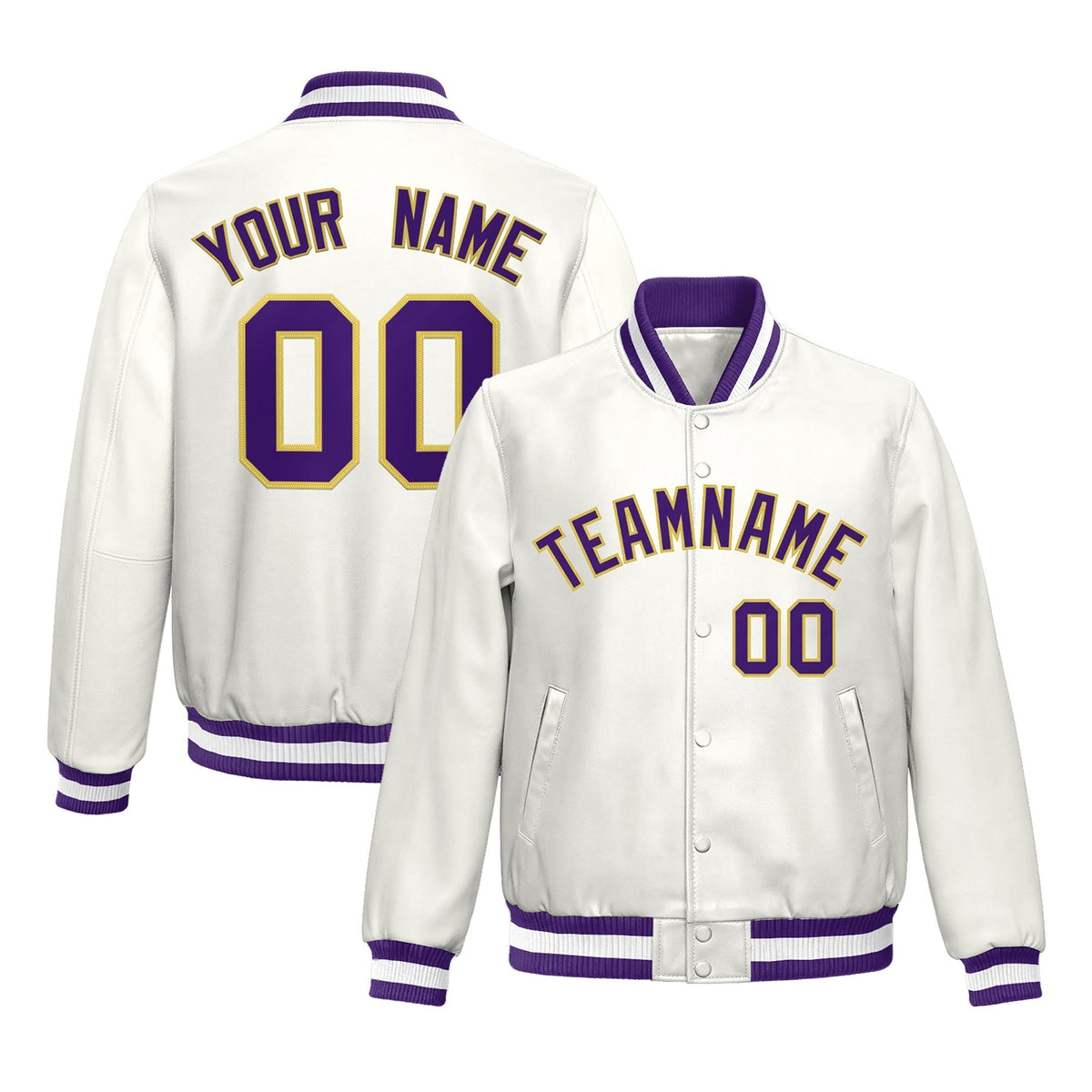 Custom Purple White Full-Snap Varsity Faux Leather Letterman Jacket| KXKSHOP