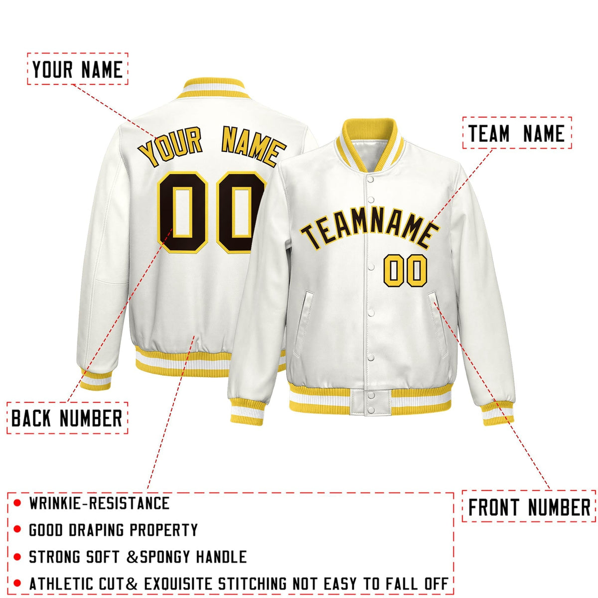 Custom Gold White Full-Snap Varsity Faux Leather Letterman Jacket| KXKSHOP