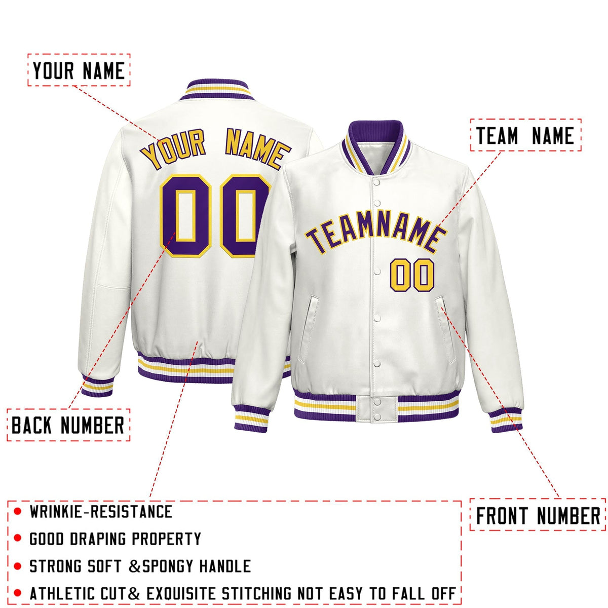 Custom White Purple Yellow Full-Snap Varsity Faux Leather Letterman Jacket| KXKSHOP