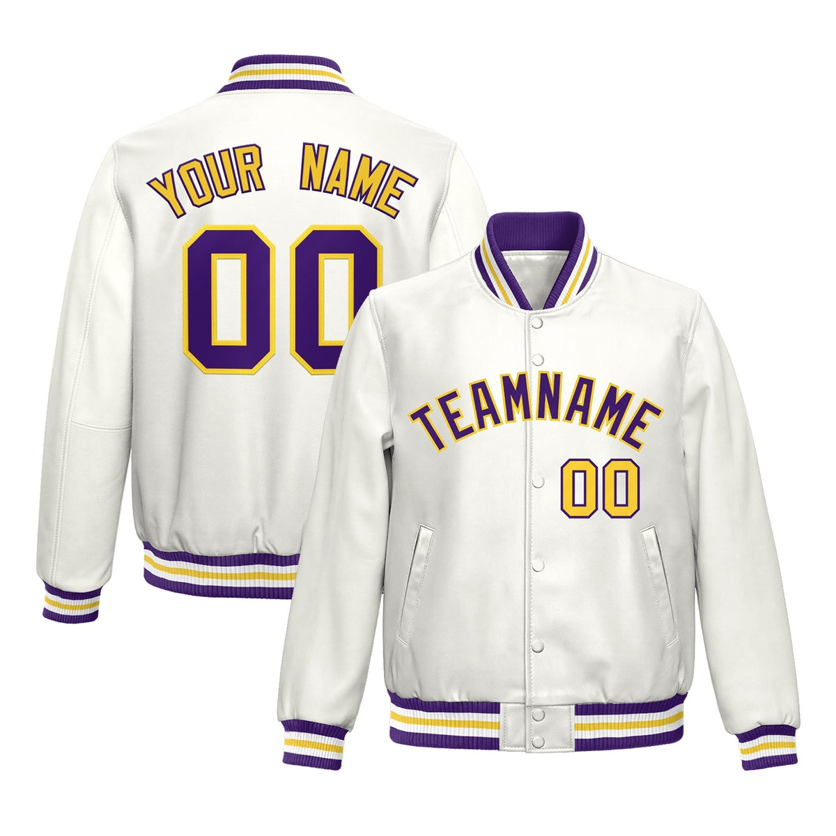 Custom White Purple Yellow Full-Snap Varsity Faux Leather Letterman Jacket| KXKSHOP