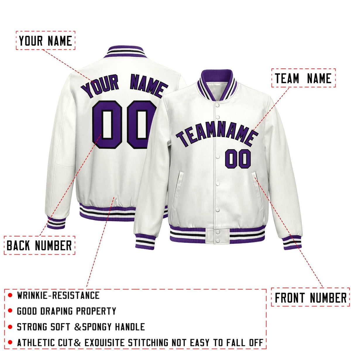 Custom White Purple Full-Snap Varsity Faux Leather Letterman Jacket| KXKSHOP