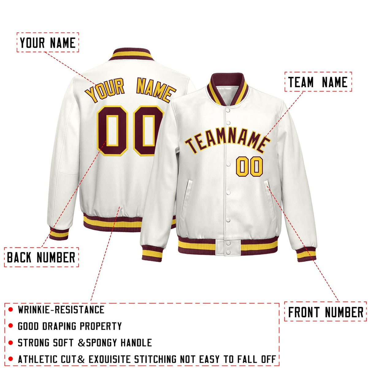 Custom White Crimson Yellow Full-Snap Varsity Faux Leather Letterman Jacket| KXKSHOP