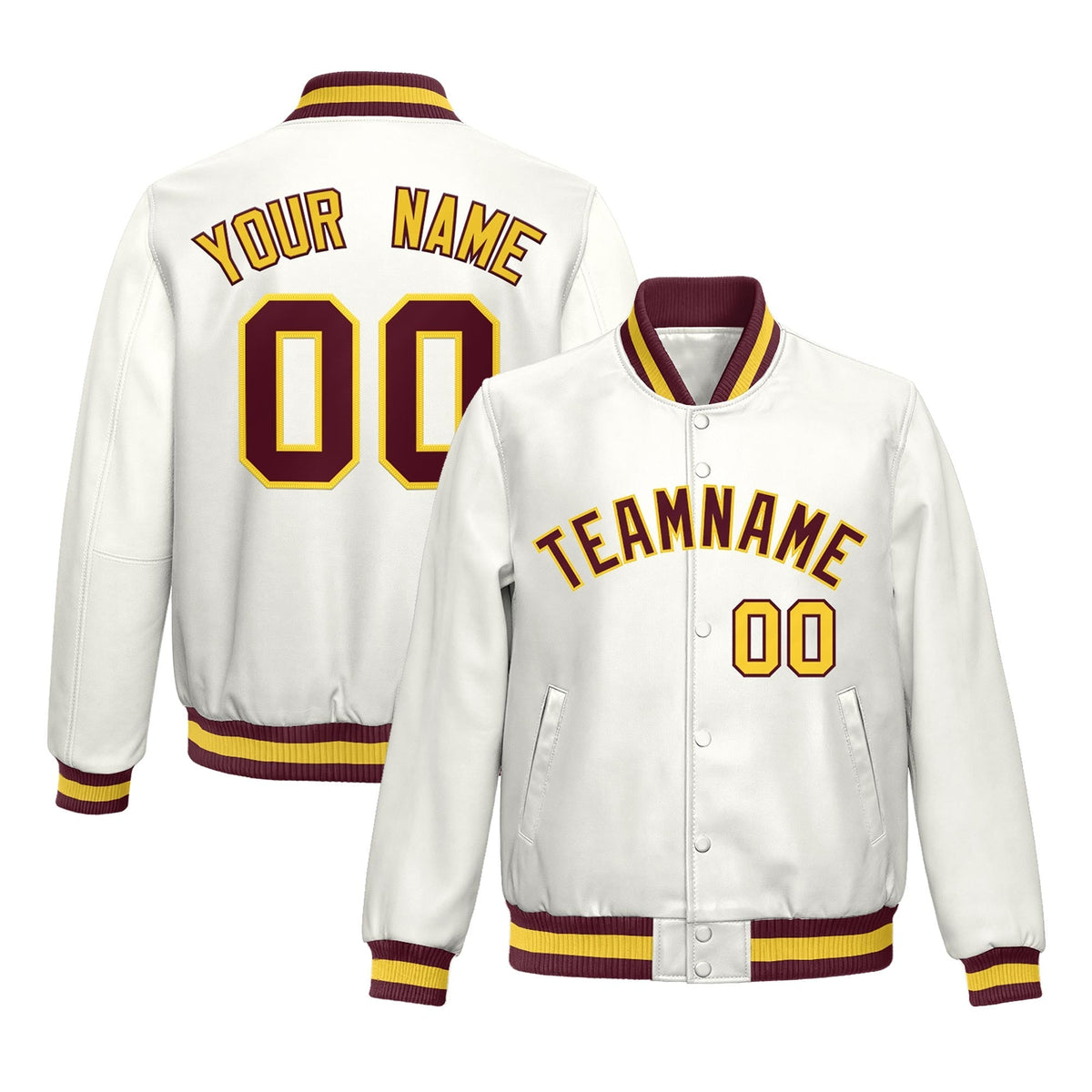 Custom White Crimson Yellow Full-Snap Varsity Faux Leather Letterman Jacket| KXKSHOP