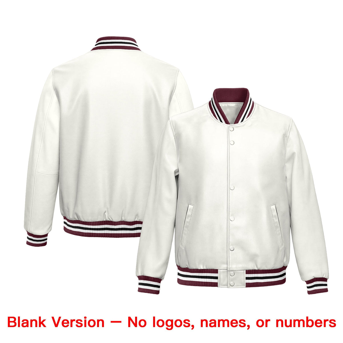Custom White Crimson Full-Snap Varsity Faux Leather Letterman Jacket| KXKSHOP