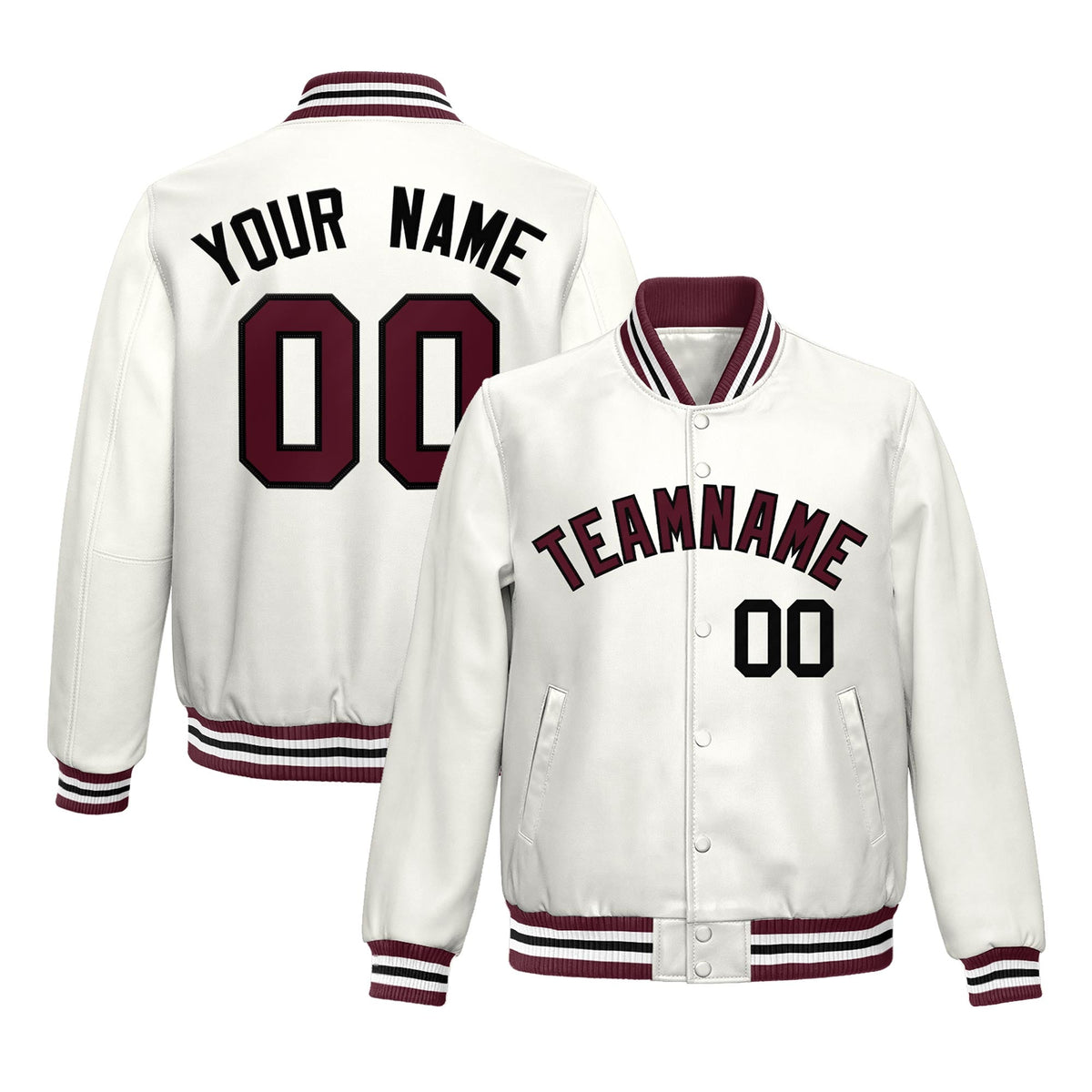 Custom White Crimson Full-Snap Varsity Faux Leather Letterman Jacket| KXKSHOP