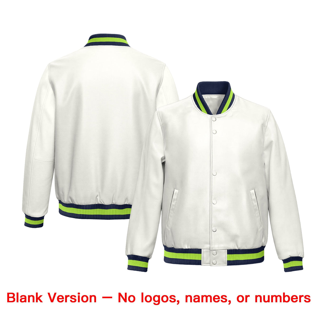 Custom White Neon Green Full-Snap Varsity Faux Leather Letterman Jacket| KXKSHOP
