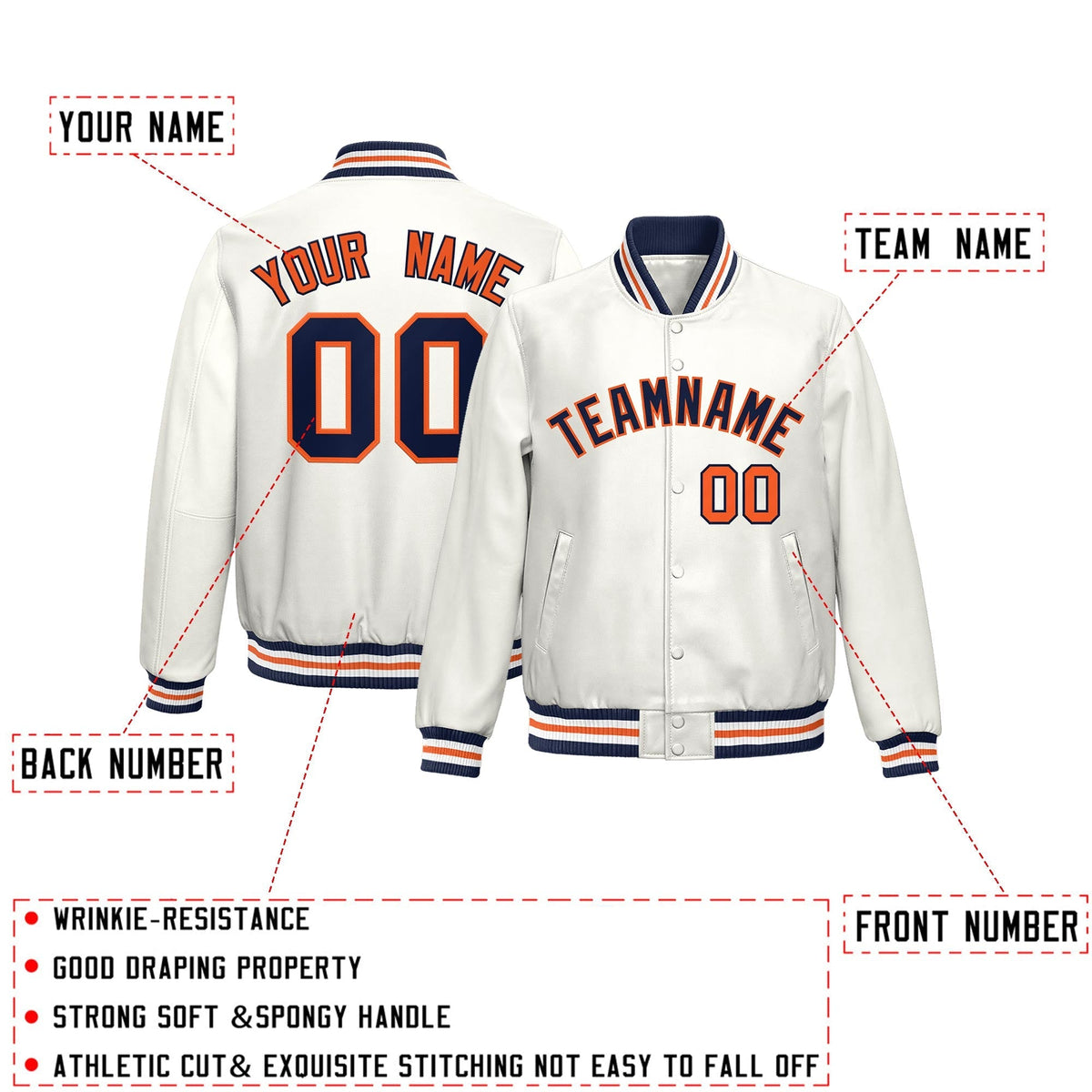 Custom White Navy Orange Full-Snap Varsity Faux Leather Letterman Jacket| KXKSHOP