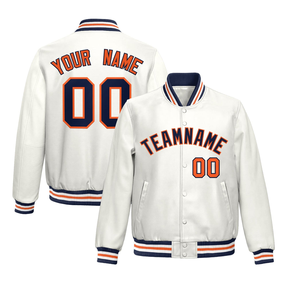 Custom White Navy Orange Full-Snap Varsity Faux Leather Letterman Jacket| KXKSHOP