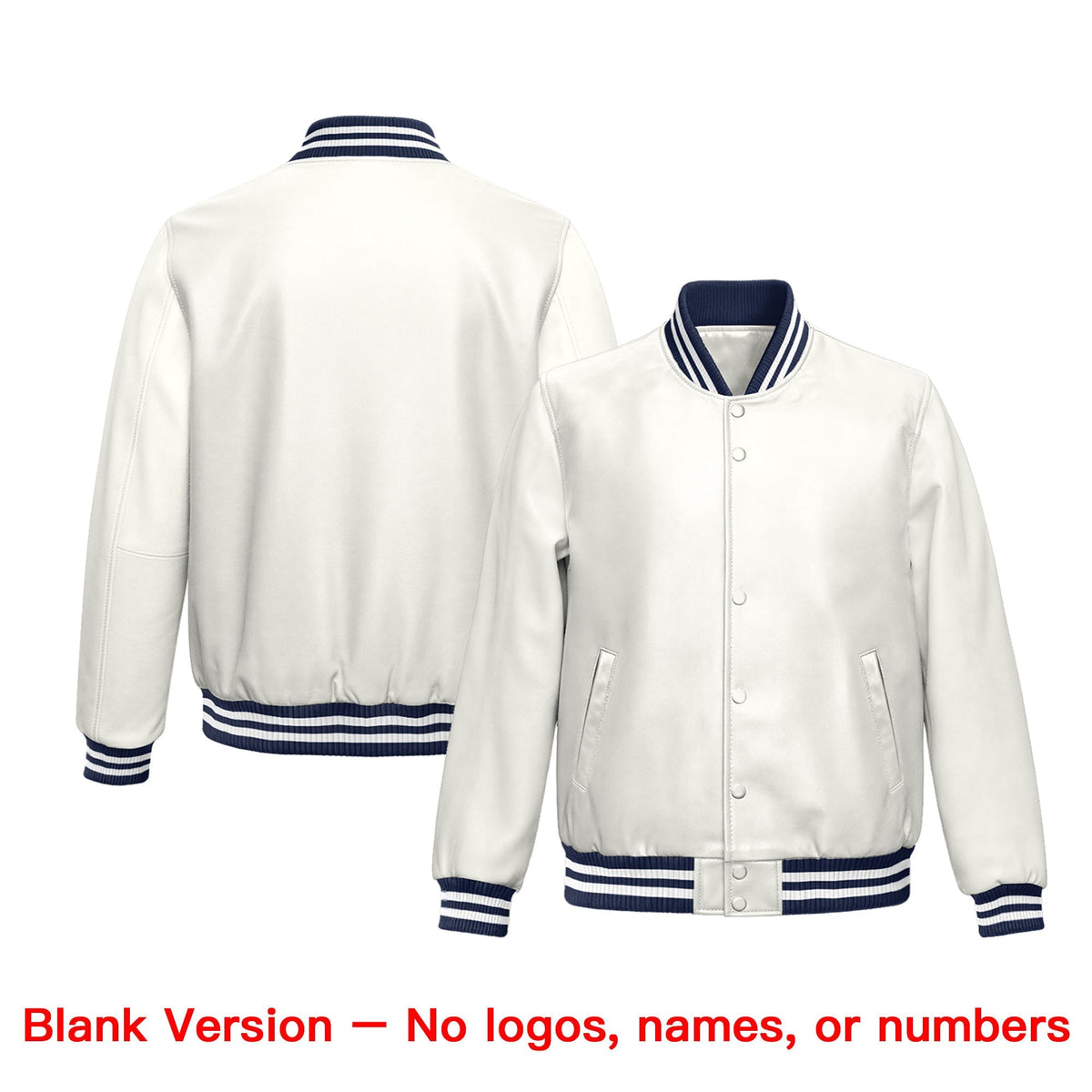 Custom White Navy Full-Snap Varsity Faux Leather Letterman Jacket| KXKSHOP