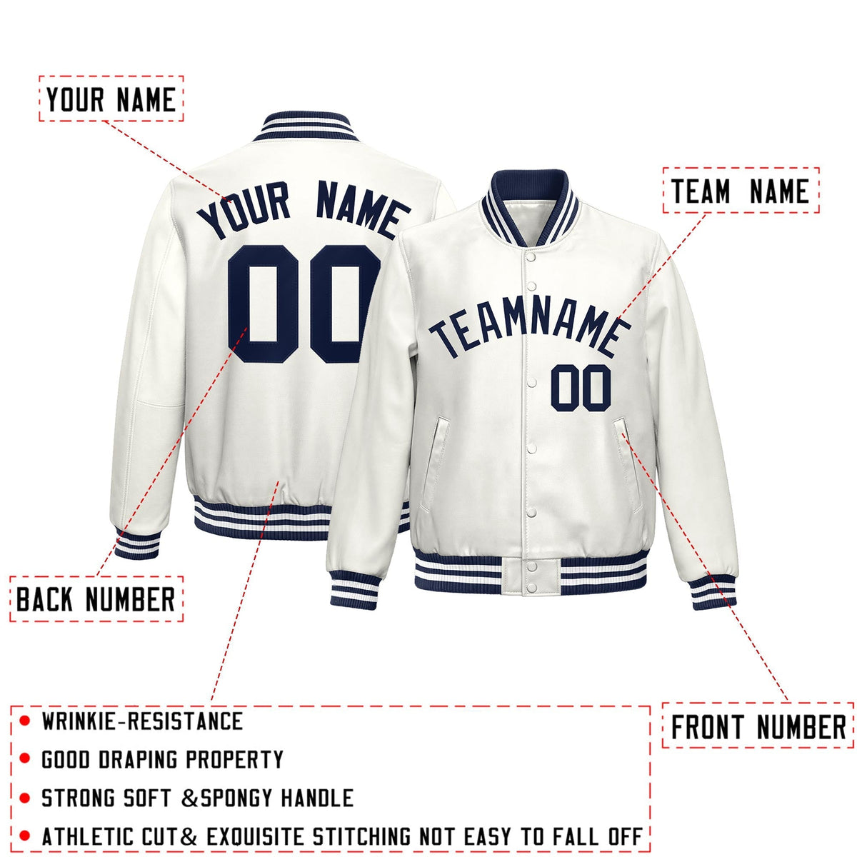Custom White Navy Full-Snap Varsity Faux Leather Letterman Jacket| KXKSHOP