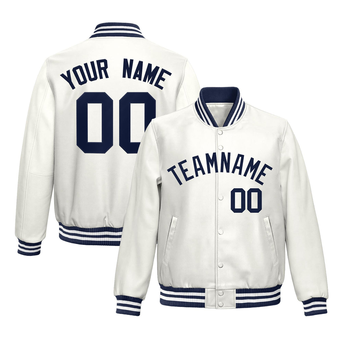 Custom White Navy Full-Snap Varsity Faux Leather Letterman Jacket| KXKSHOP