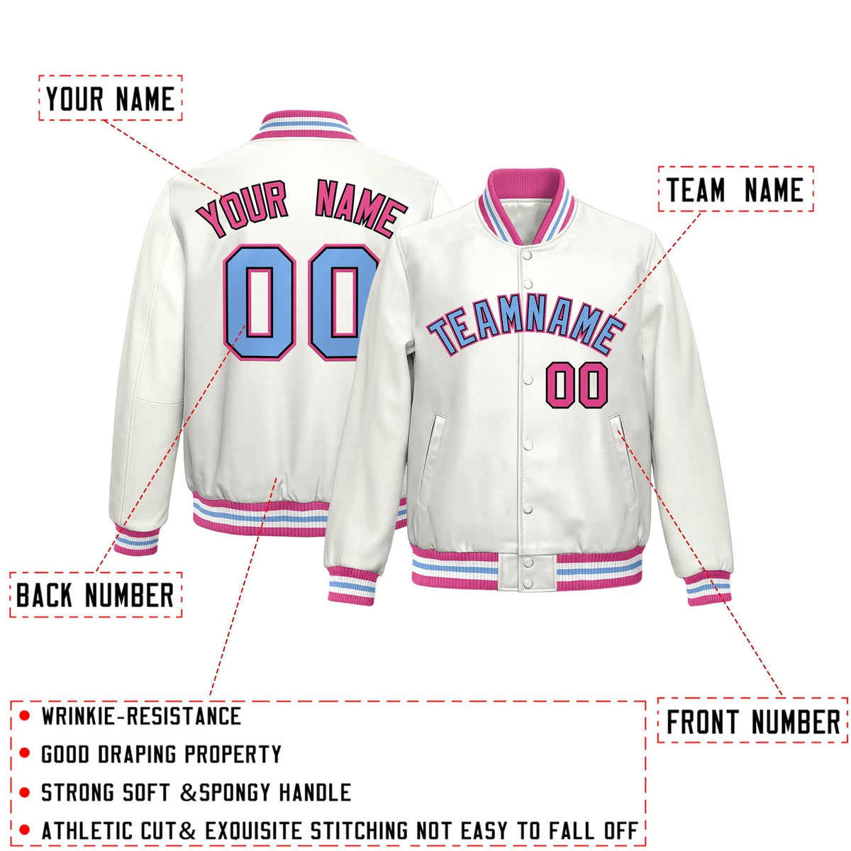 Custom White Pink Full-Snap Varsity Faux Leather Letterman Jacket| KXKSHOP