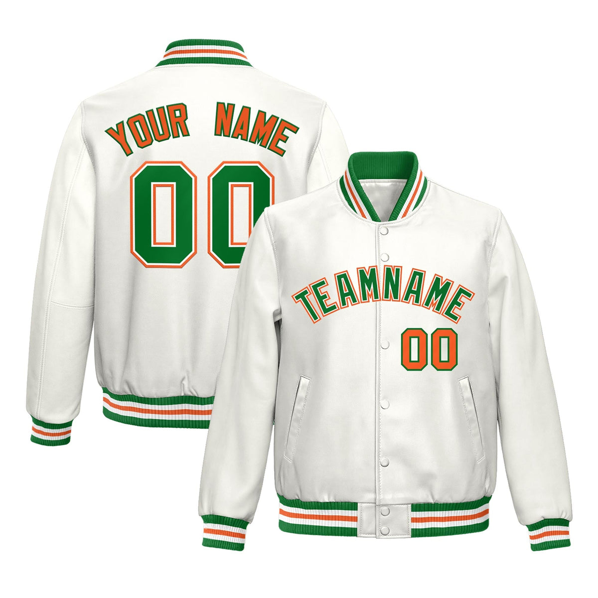 Custom White Kelly Green Orange Full-Snap Varsity Faux Leather Letterman Jacket| KXKSHOP