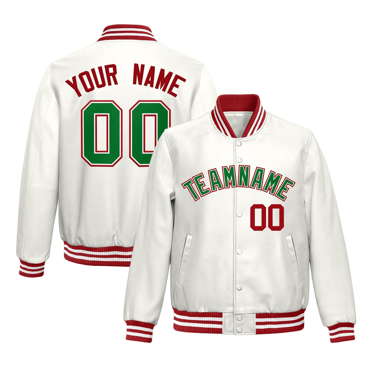 Custom White Kelly Green Full-Snap Varsity Faux Leather Letterman Jacket| KXKSHOP