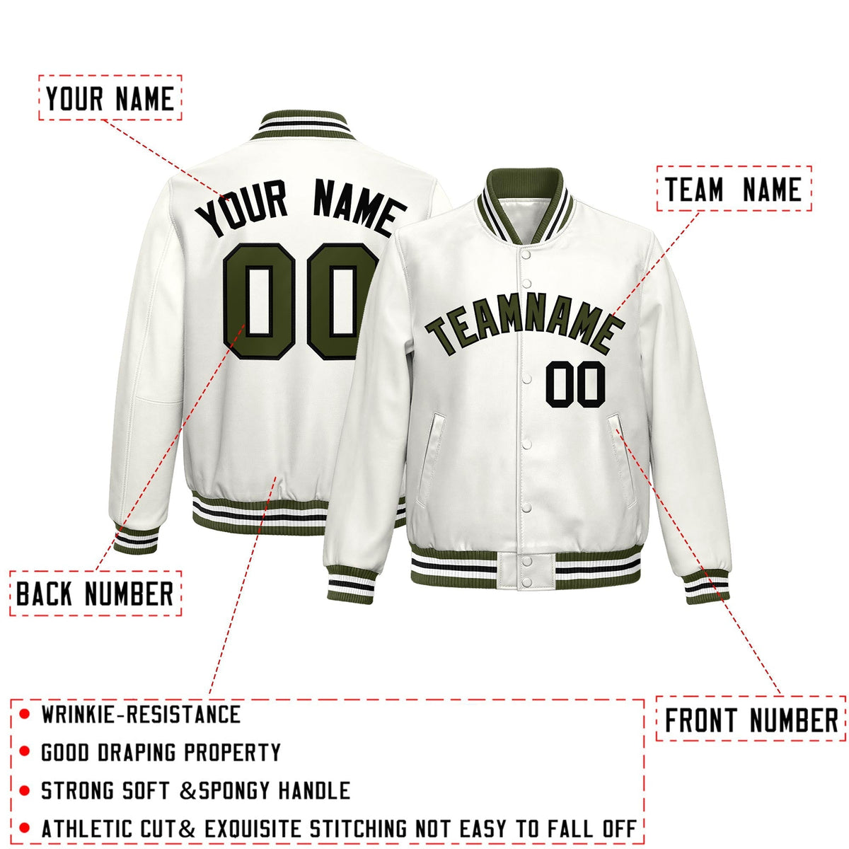 Custom White Olive Full-Snap Varsity Faux Leather Letterman Jacket| KXKSHOP