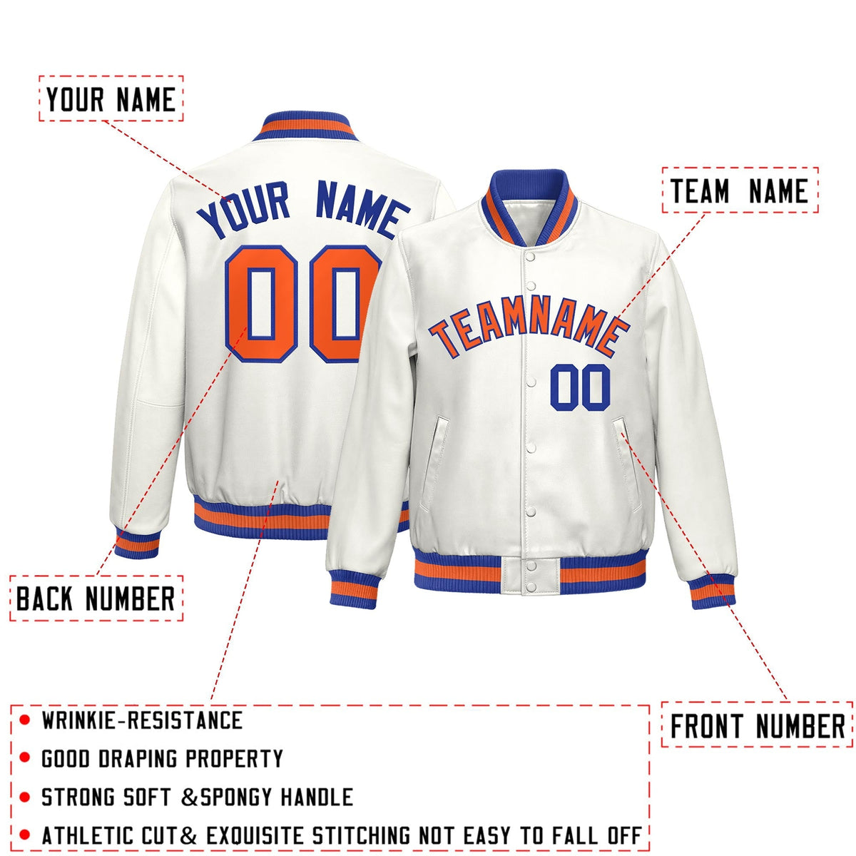 Custom White Royal Blue Orange Full-Snap Varsity Faux Leather Letterman Jacket| KXKSHOP