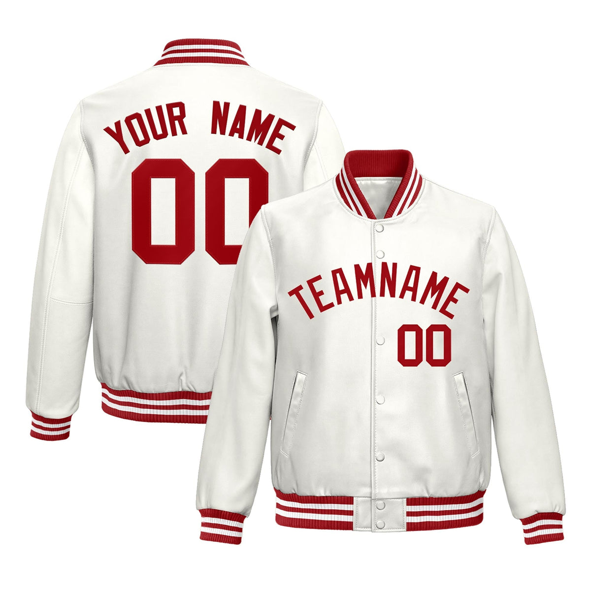 Custom White Red Full-Snap Varsity Faux Leather Letterman Jacket| KXKSHOP