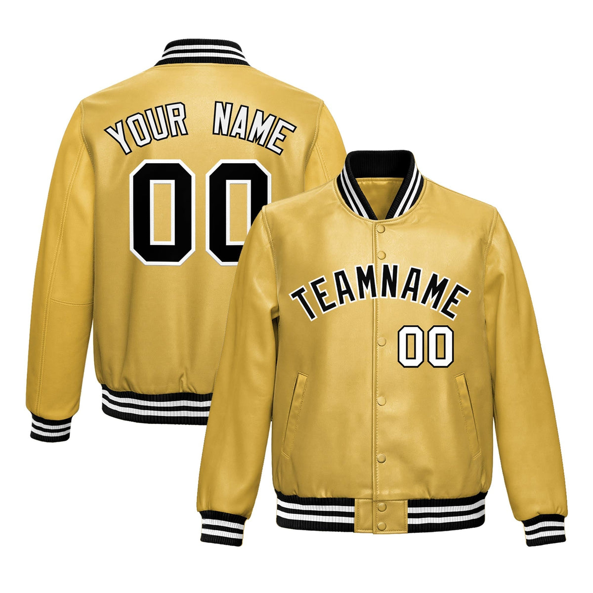 Custom Khaki Black Full-Snap Varsity Faux Leather Letterman Jacket| KXKSHOP