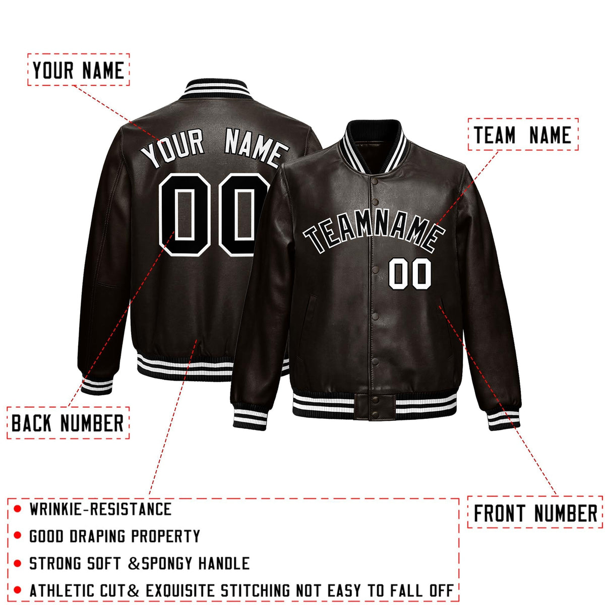 Custom Brown Black Full-Snap Varsity Faux Leather Letterman Jacket| KXKSHOP