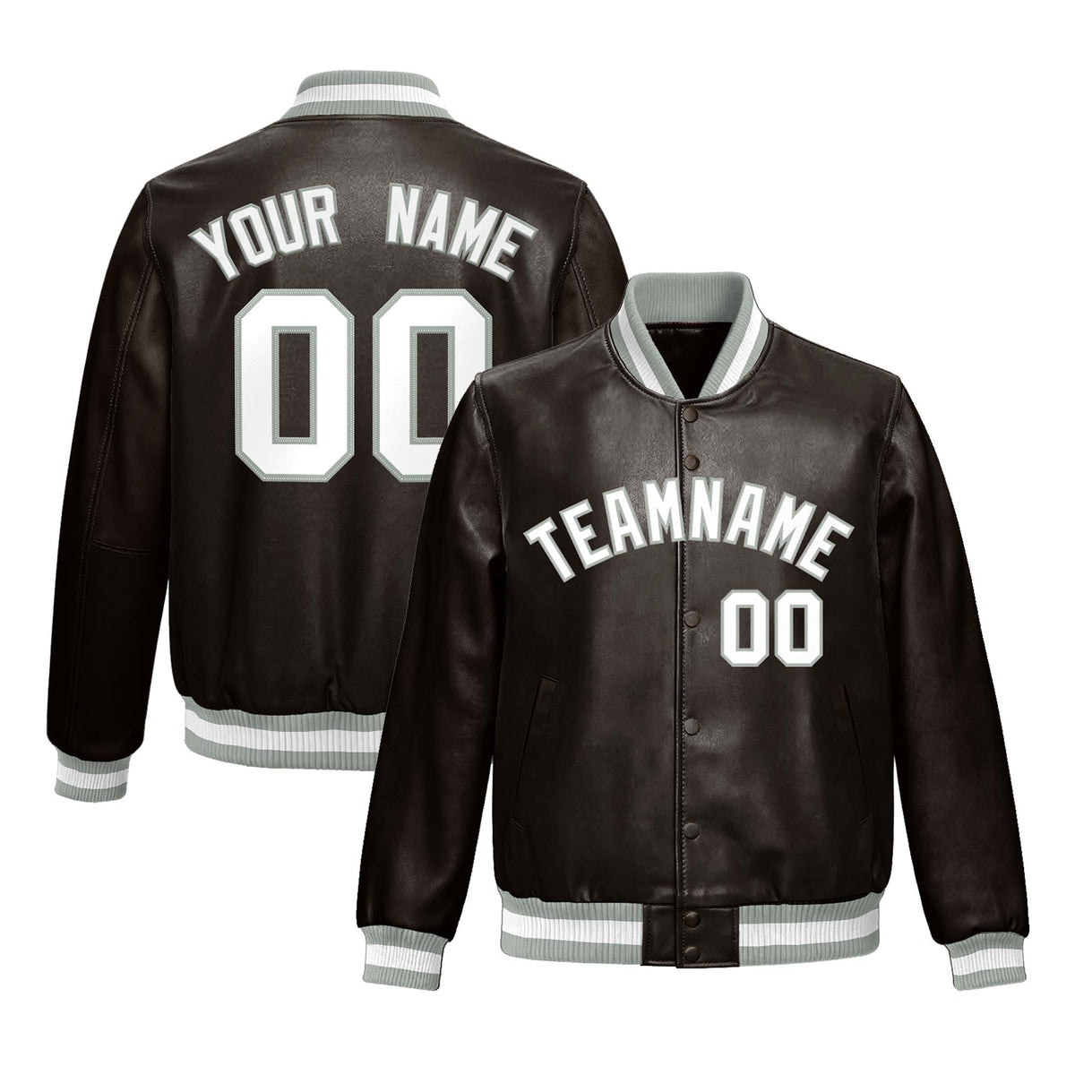 Custom Brown Gray Full-Snap Varsity Faux Leather Letterman Jacket| KXKSHOP