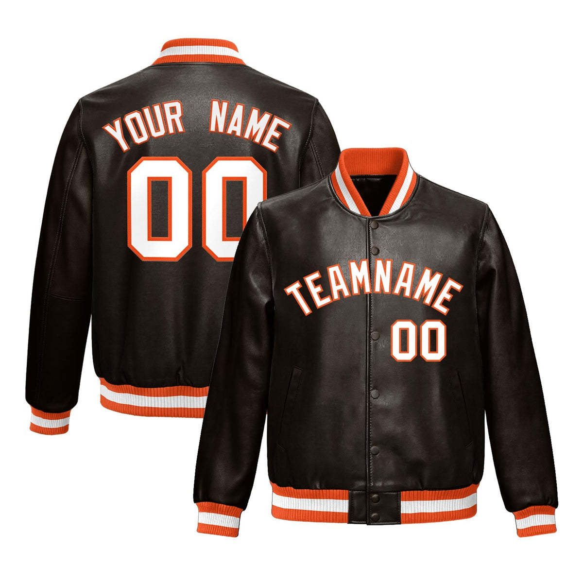 Custom Brown Orange Full-Snap Varsity Faux Leather Letterman Jacket| KXKSHOP