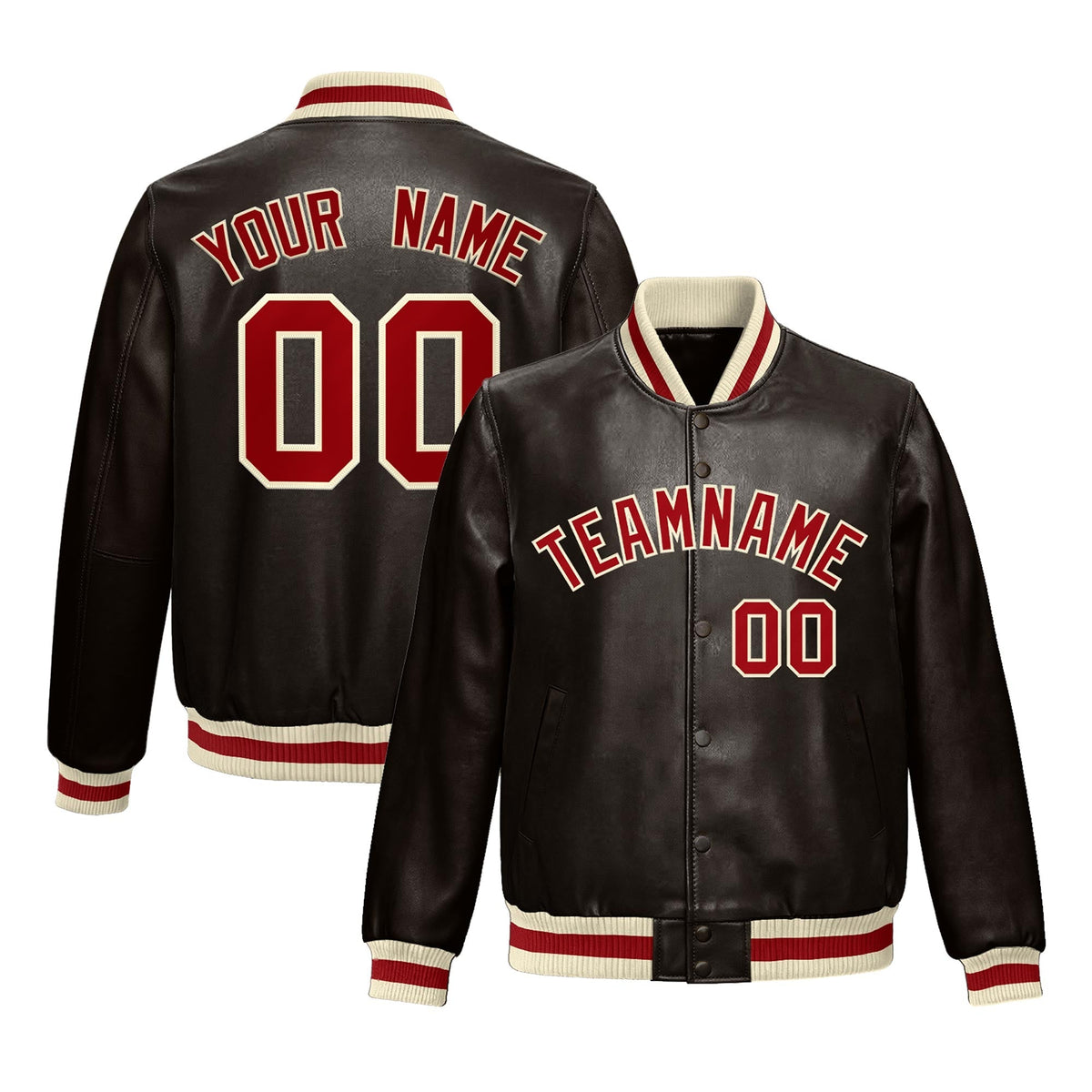 Custom Brown Red Cream Full-Snap Varsity Faux Leather Letterman Jacket| KXKSHOP