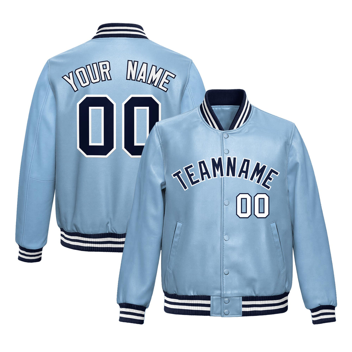 Custom Powder Blue Navy Full-Snap Varsity Faux Leather Letterman Jacket| KXKSHOP