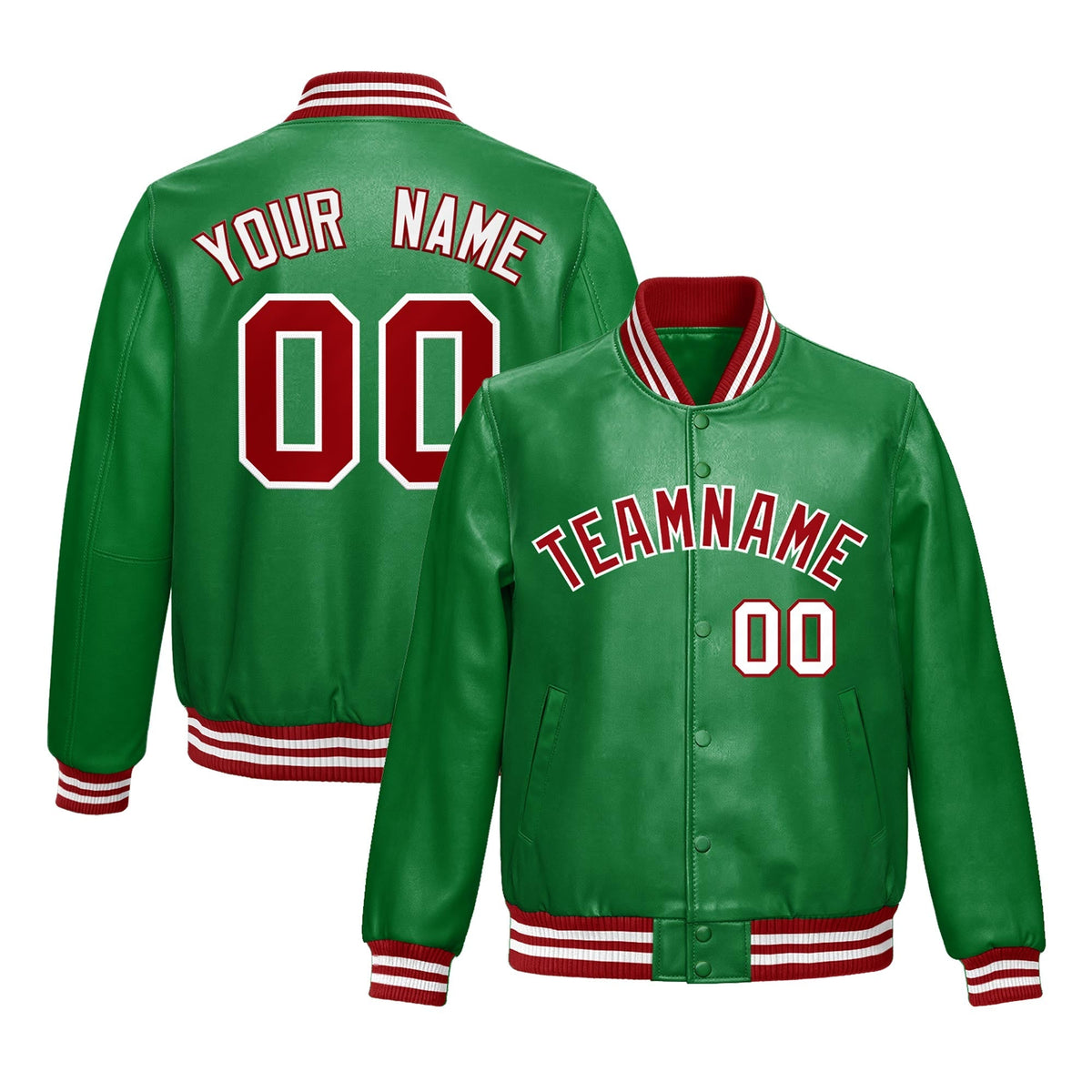 Custom Kelly Green Red Full-Snap Varsity Faux Leather Letterman Jacket| KXKSHOP