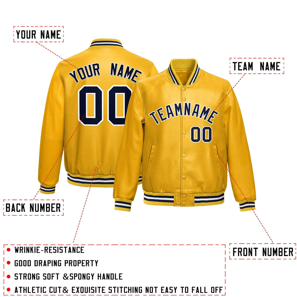 Custom Yellow Navy Full-Snap Varsity Faux Leather Letterman Jacket| KXKSHOP