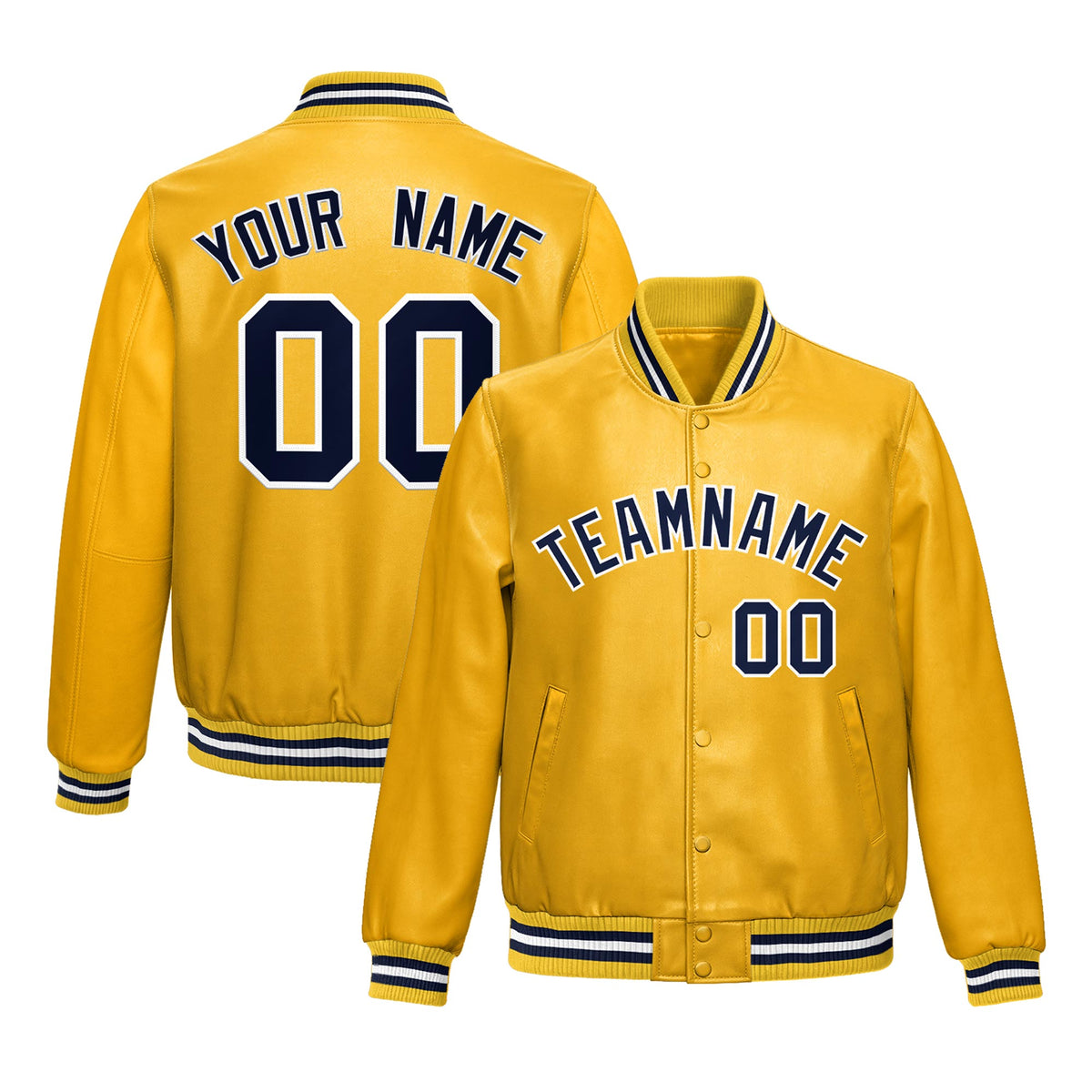Custom Yellow Navy Full-Snap Varsity Faux Leather Letterman Jacket| KXKSHOP