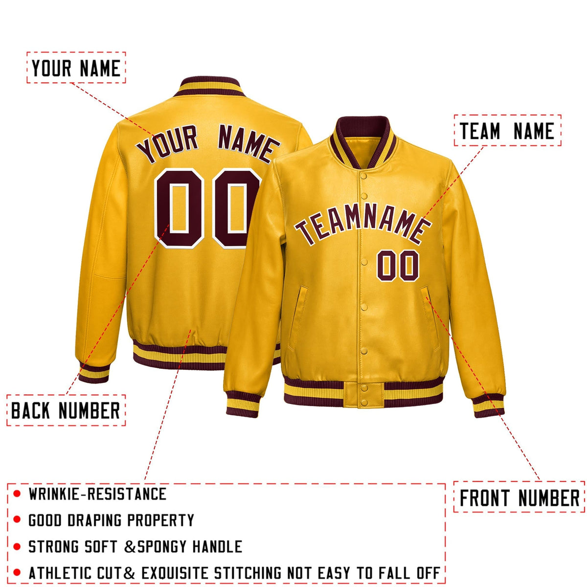 Custom Yellow Crimson Full-Snap Varsity Faux Leather Letterman Jacket| KXKSHOP