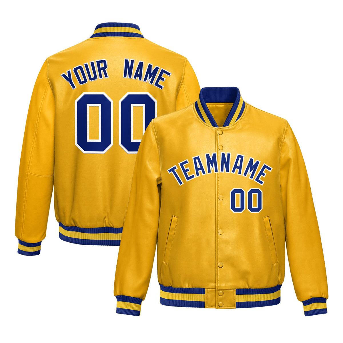 Custom Yellow Royal Blue Full-Snap Varsity Faux Leather Letterman Jacket| KXKSHOP