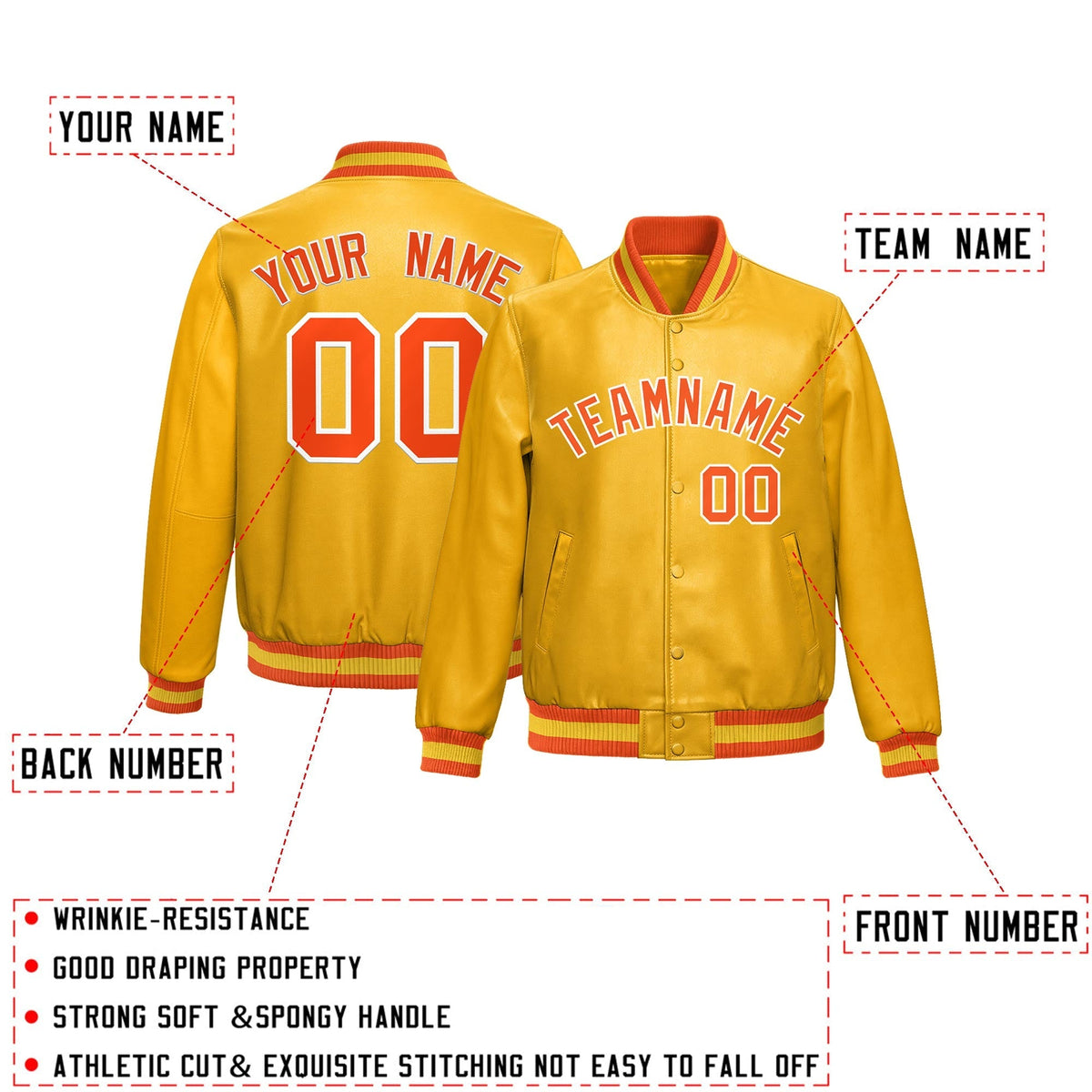 Custom Yellow Orange Full-Snap Varsity Faux Leather Letterman Jacket| KXKSHOP