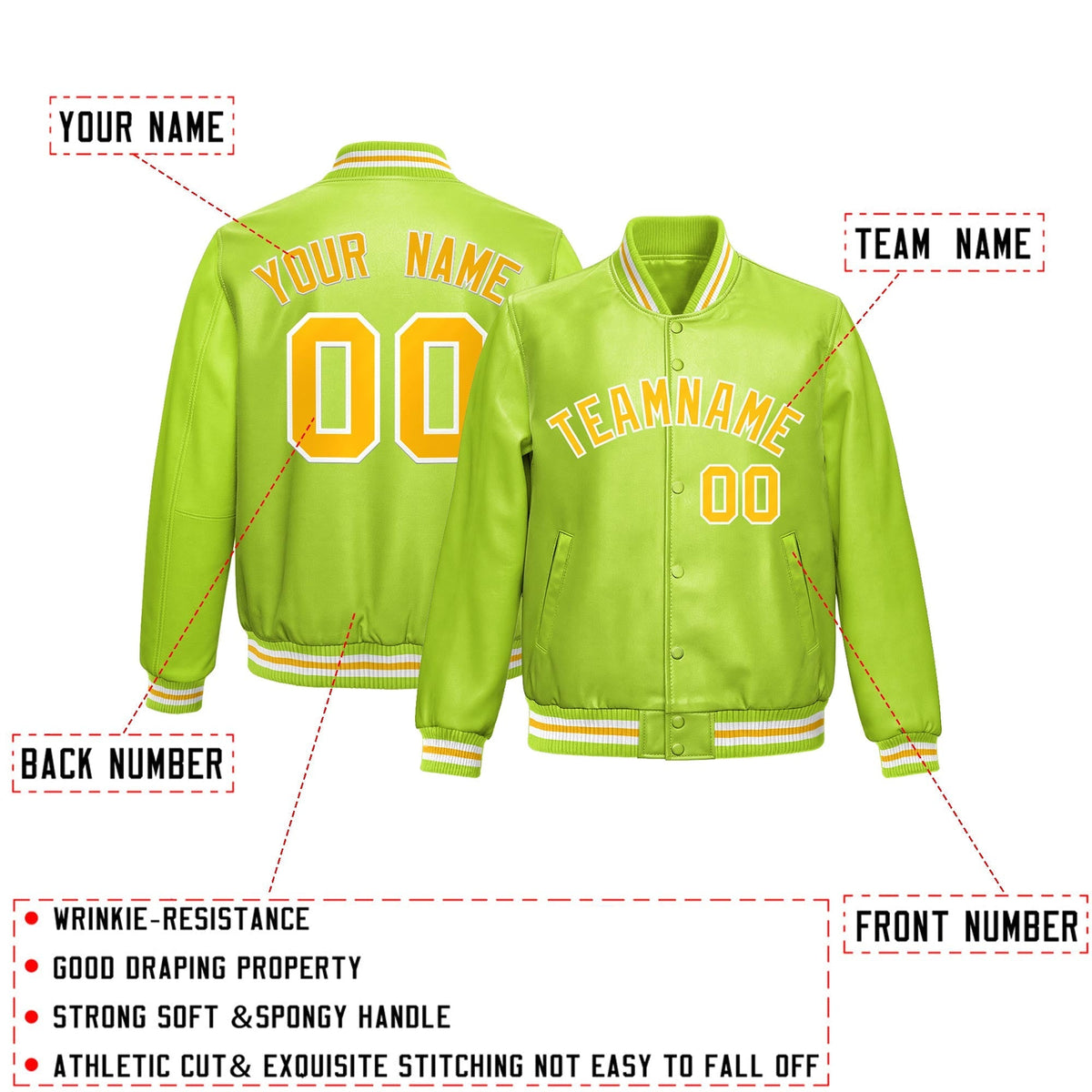 Custom Neon Green Yellow Full-Snap Varsity Faux Leather Letterman Jacket| KXKSHOP