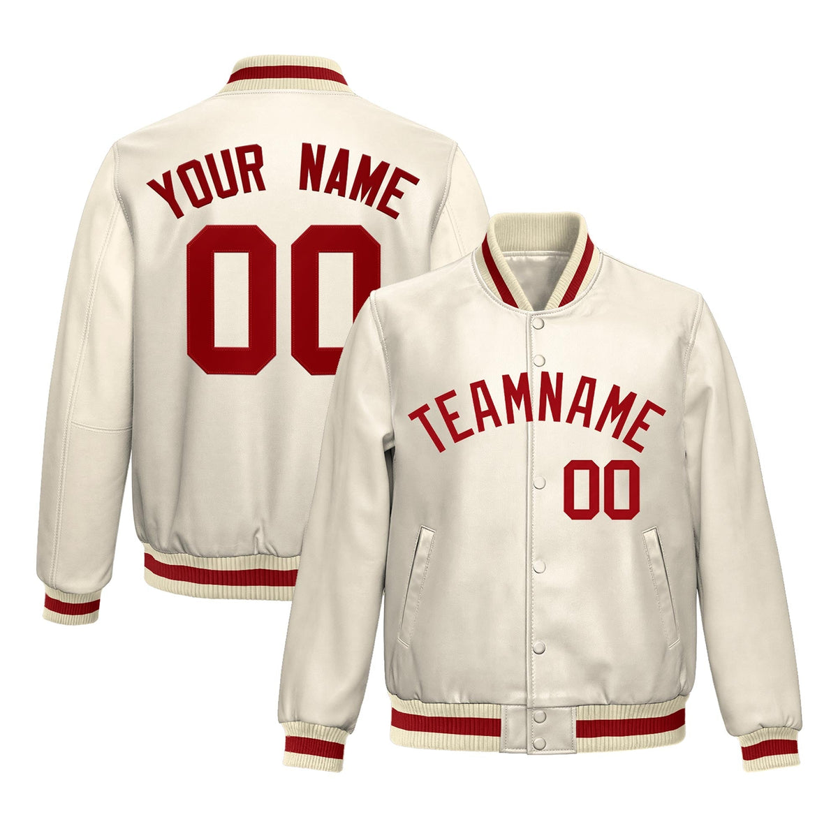 Custom Cream Red Full-Snap Varsity Faux Leather Letterman Jacket| KXKSHOP