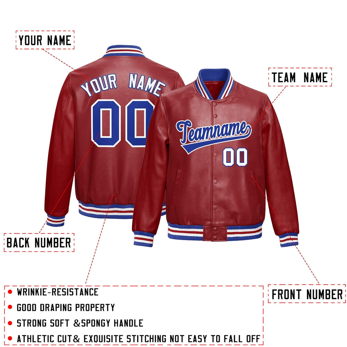 Custom Red Royal Blue Full-Snap Varsity Faux Leather Letterman Jacket| KXKSHOP