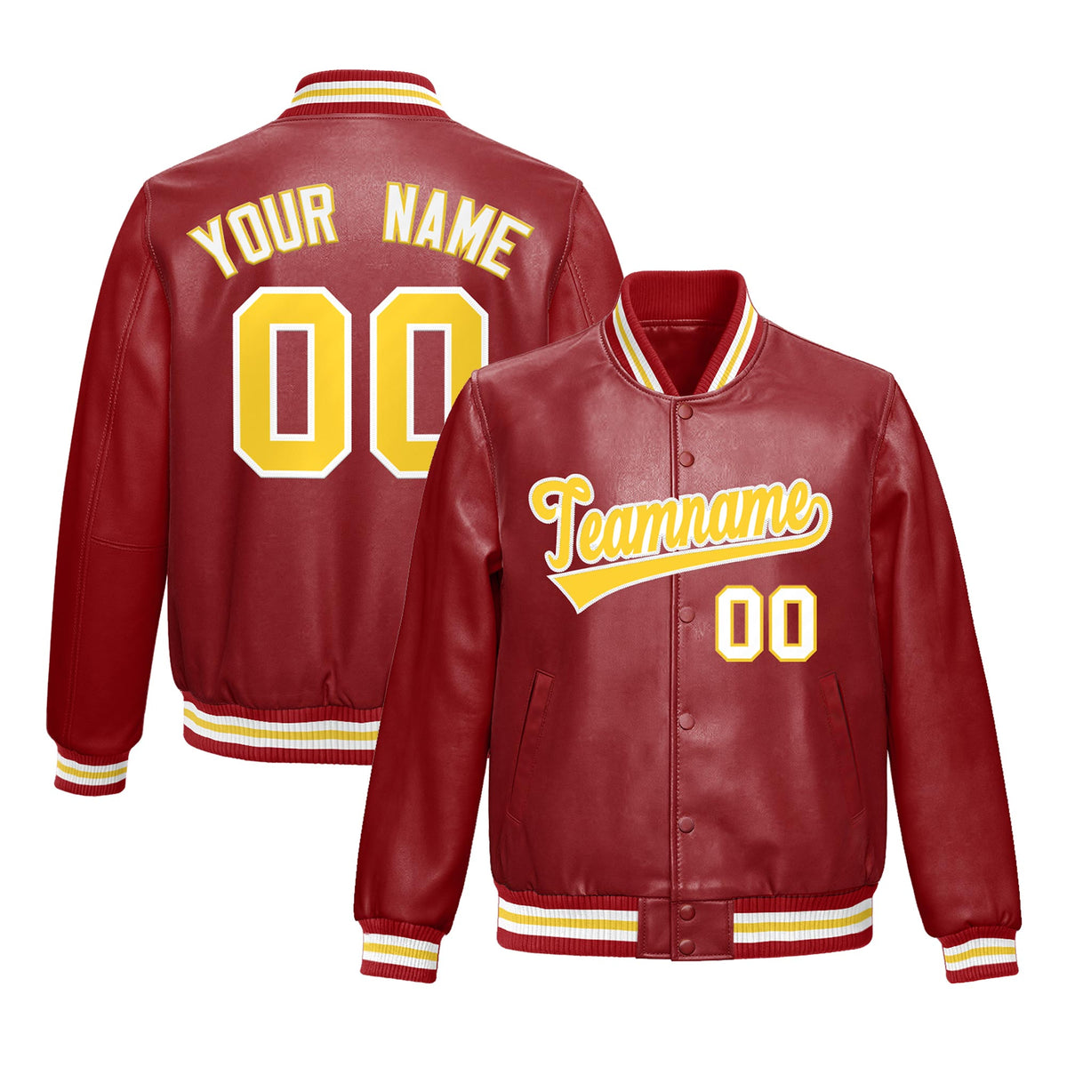 Custom Red Gold Full-Snap Varsity Faux Leather Letterman Jacket| KXKSHOP