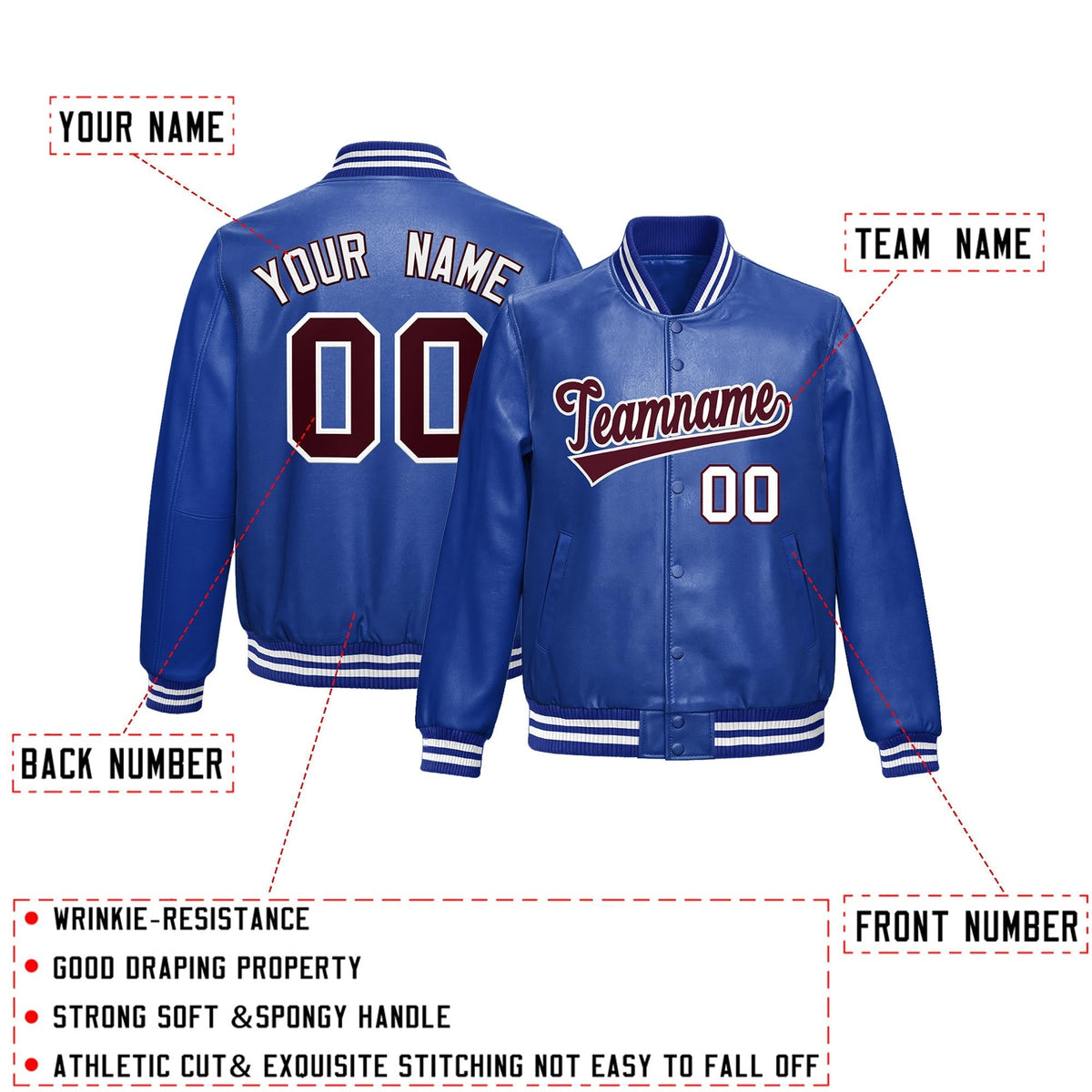 Custom Royal Blue Crimson Full-Snap Varsity Faux Leather Letterman Jacket| KXKSHOP