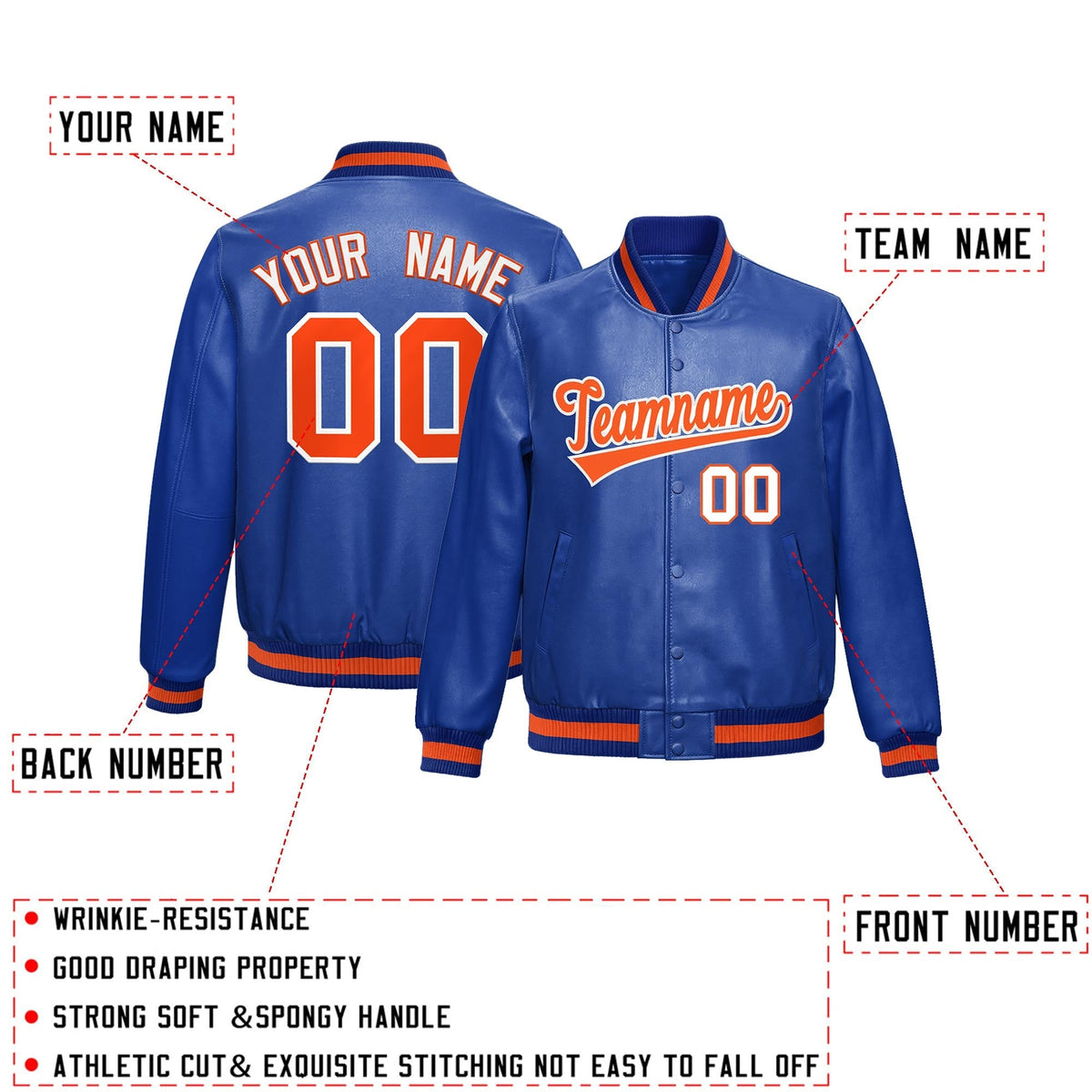 Custom Royal Blue Orange Full-Snap Varsity Faux Leather Letterman Jacket| KXKSHOP