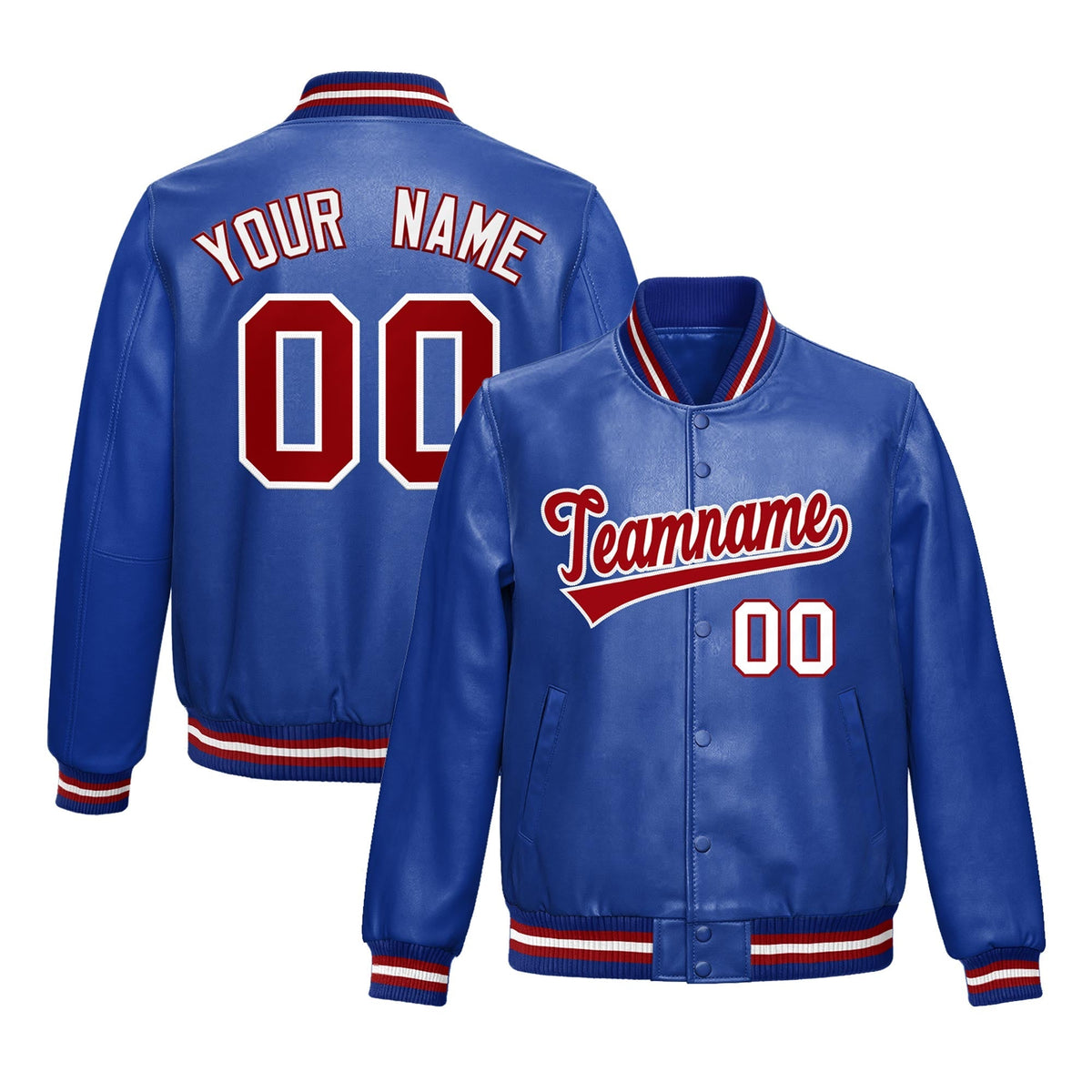 Custom Royal Blue Red White Full-Snap Varsity Faux Leather Letterman Jacket| KXKSHOP